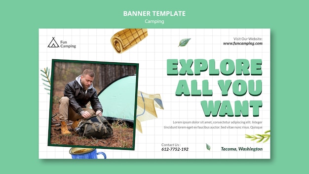 Camping horizontal banner template with leaves