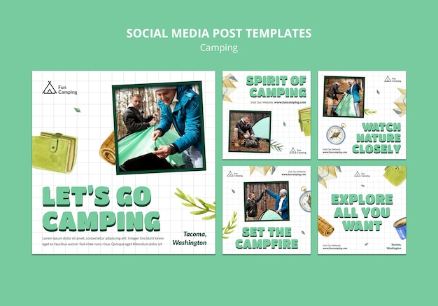 Free PSD camping instagram posts collection with leaves