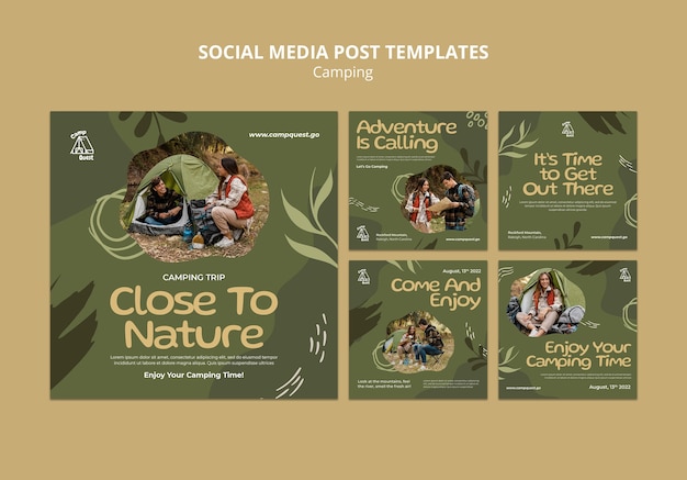 Free PSD camping instagram posts collection with vegetation