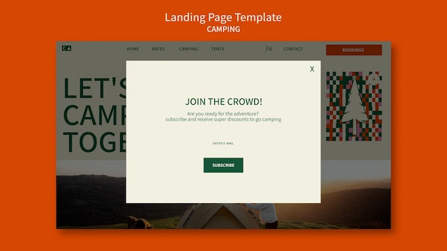 Free PSD camping landing page template with geometric shapes design
