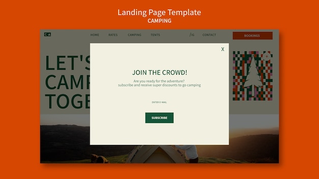Camping landing page template with geometric shapes design