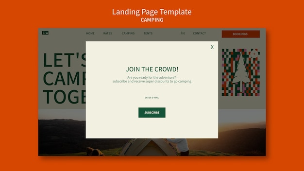 PSD gratuito modello di pagina di destinazione del campeggio con design a forme geometriche