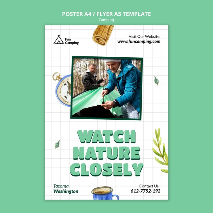 Free PSD camping vertical flyer template with leaves