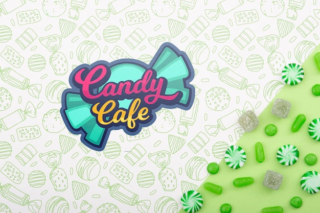 Candy cafe and arrangement of green candies and drops