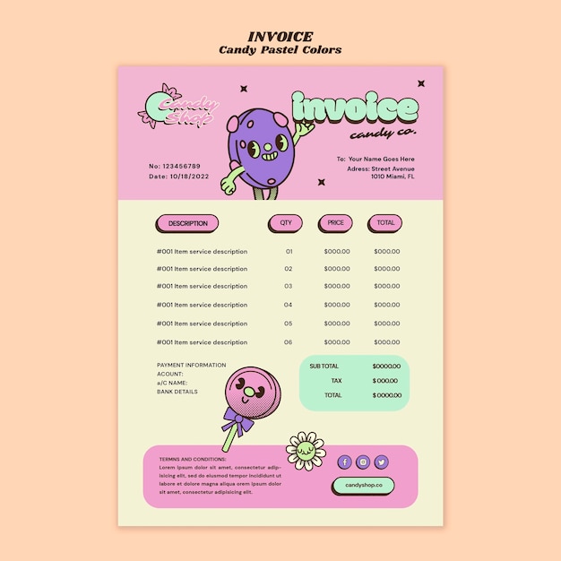 Free PSD candy pastel colors  invoice template