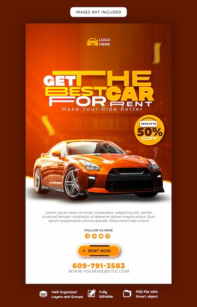 Бесплатный PSD Прокат автомобилей и автомобильный шаблон истории в instagram и facebook