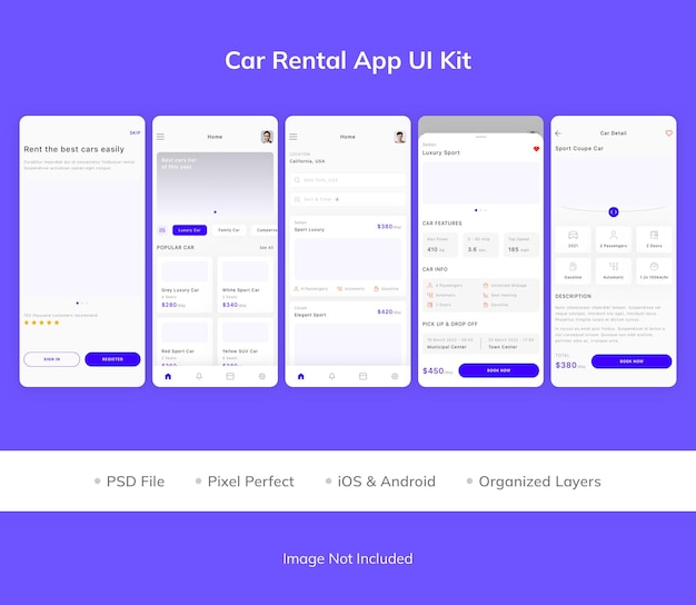 Набор пользовательского интерфейса для приложения по аренде автомобилей