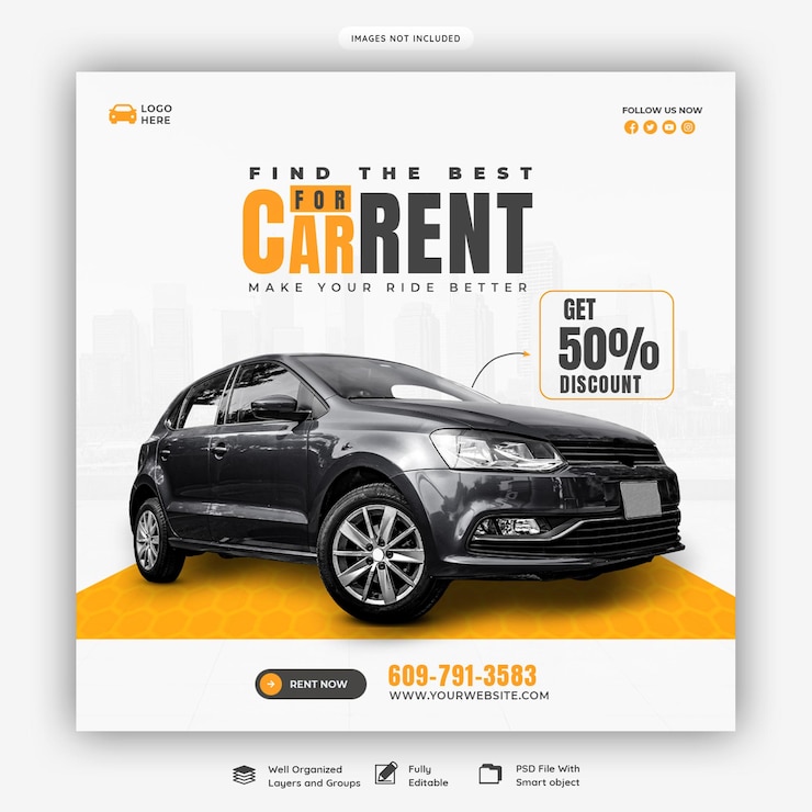 Free PSD car rental and automotive social media banner or instagram post template
