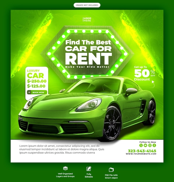 Free PSD car rental and automotive social media banner or instagram post template