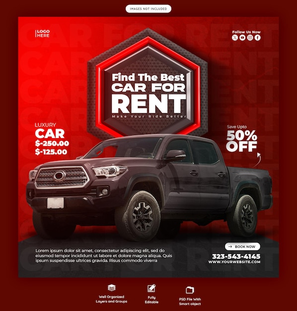 Free PSD car rental and automotive social media banner or instagram post template