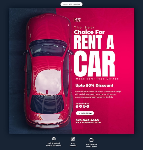 Banner di social media per noleggio auto e auto o modello di post su instagram