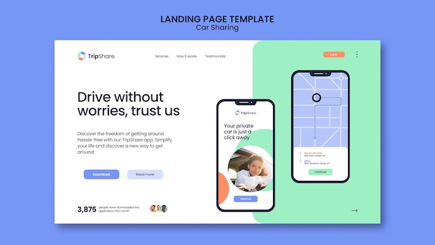 Car sharing service landing page template – Free PSD template for download