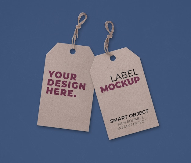 Free PSD cardboard label on blue surface mockup