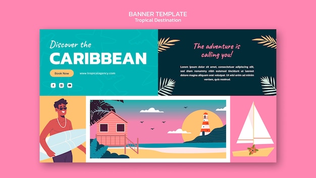 Caribbean travel destination horizontal banner template