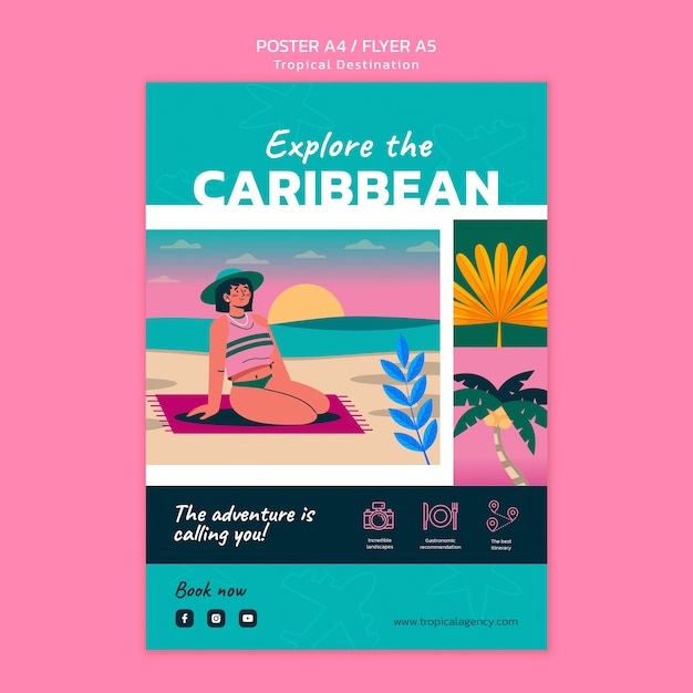 PSD gratuito modello di poster verticale per la destinazione di viaggio nei caraibi