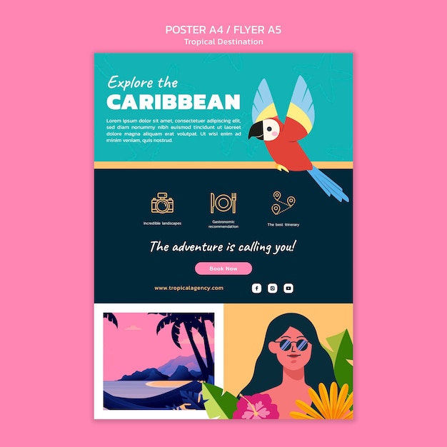 Бесплатный PSD Шаблон вертикального плаката для путешествий по карибскому морю