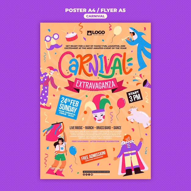 PSD gratuito modello di poster per la celebrazione del carnevale