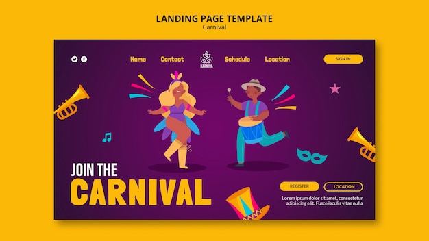 PSD gratuito modello di design piatto della pagina di destinazione del carnevale