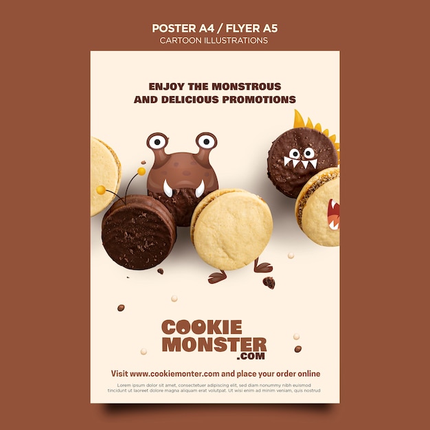 PSD gratuito modello del manifesto del biscotto delle illustrazioni del fumetto