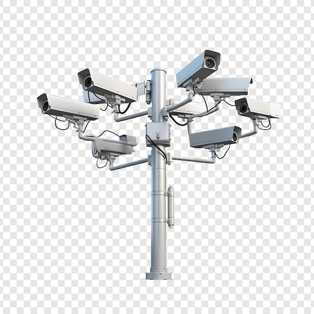 Free PSD cctv cameras on isolated poles in a tech setting isolated on transparent background