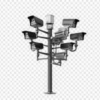 Free PSD cctv cameras on isolated poles in a tech setting isolated on transparent background