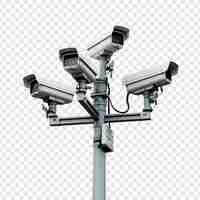 Free PSD cctv cameras on isolated poles in a tech setting isolated on transparent background