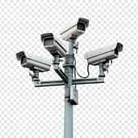 Free PSD cctv cameras on isolated poles in a tech setting isolated on transparent background
