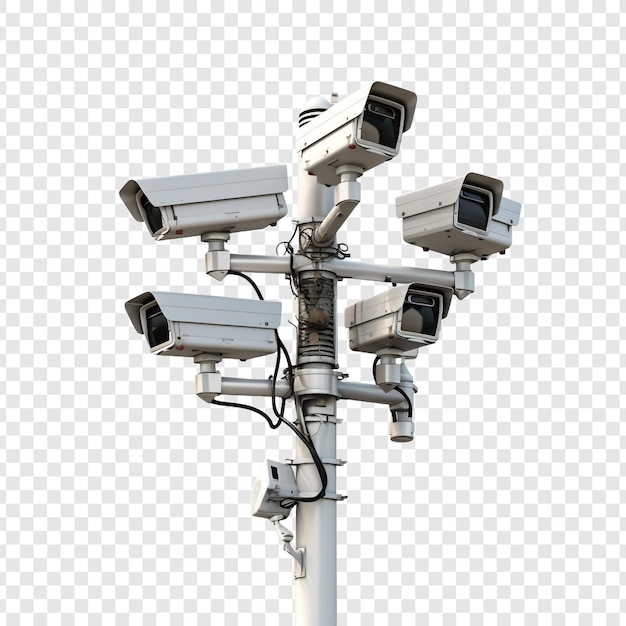 Cctv cameras on isolated poles in a tech setting isolated on transparent background