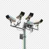 Free PSD cctv cameras on isolated poles in a tech setting isolated on transparent background