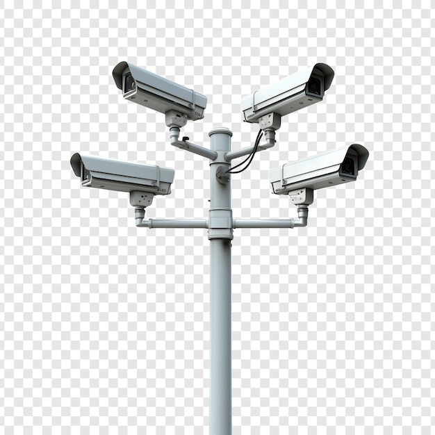 Free PSD cctv cameras on isolated poles in a tech setting isolated on transparent background