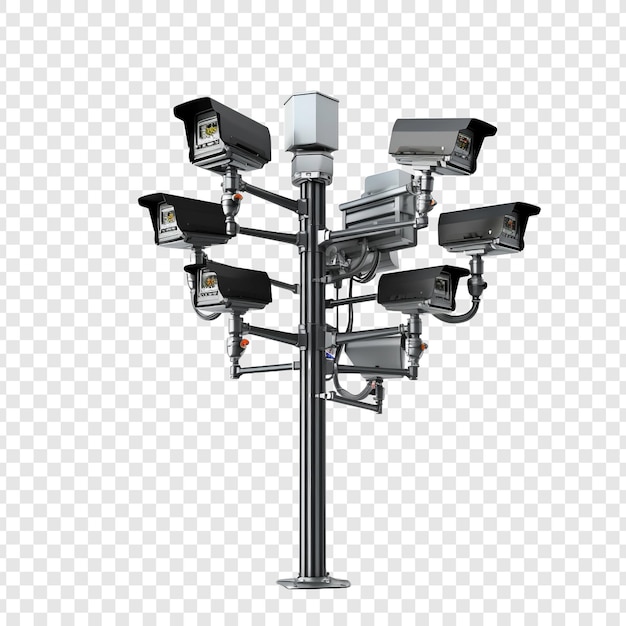 Бесплатный PSD Камеры видеонаблюдения на изолированных столбах в технической обстановке изолированы на прозрачном фоне
