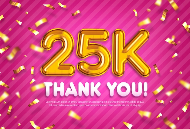 금색 색종이 조각과 분홍색 배경을 가진 25,000명의 팔로워를 위한 축하 배너