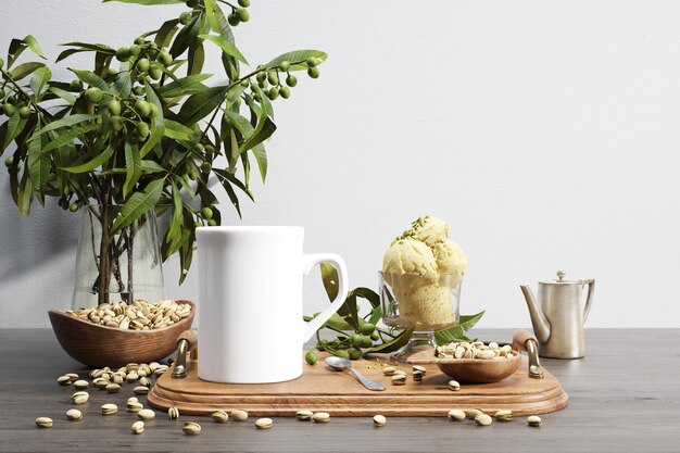 ceramic bug and nuts bowl on wooden tray and plant