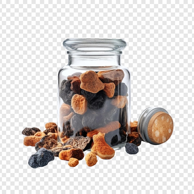 Free PSD chaga mushroom mixed with pills in a jar medicine isolated on transparent background