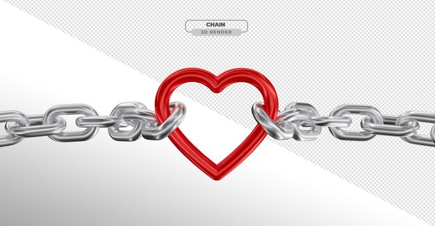 Chain in 3d realistic render with heart on transparent background