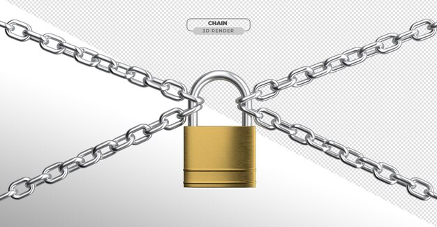 Chain in 3d realistic render with padlock on transparent background