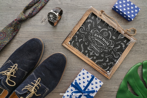 Free PSD chalkboard, shoes, tie, watch and gift boxes