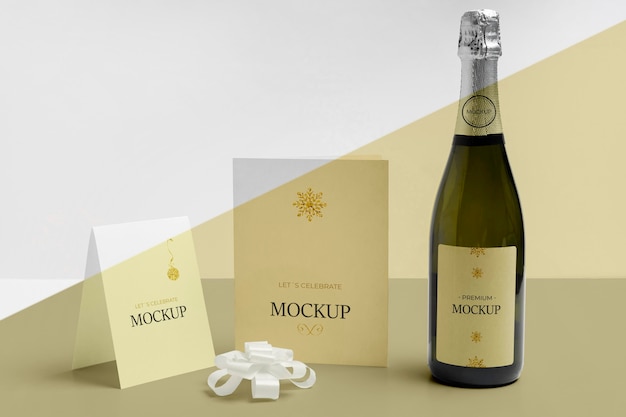 Champagne bottle mock-up and various papers