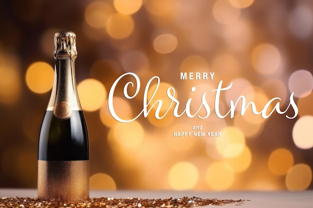 Free PSD champagne bottle with golden glitter and bokeh lights on background