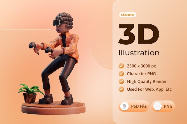 Free PSD character boy with virtual reality device metaverse 3d illustration