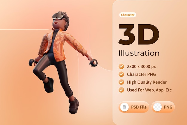 Free PSD character boy with virtual reality device metaverse 3d illustration