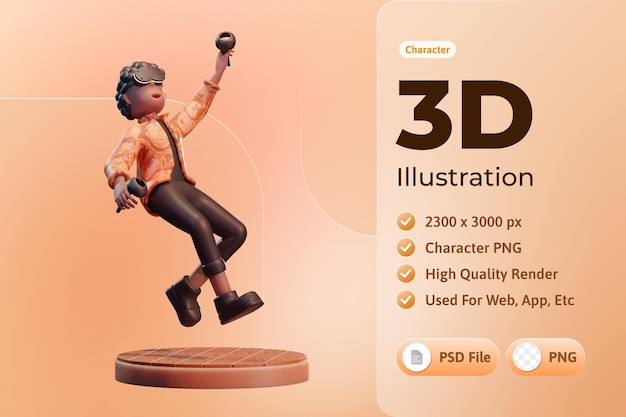 Free PSD character boy with virtual reality device metaverse 3d illustration
