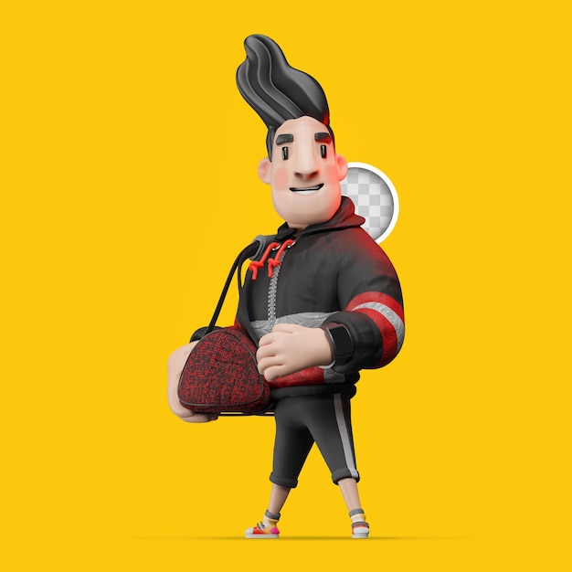 Free PSD character holding gym bag. 3d illustration