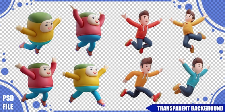 Free PSD cheerful animated characters jumping with joy