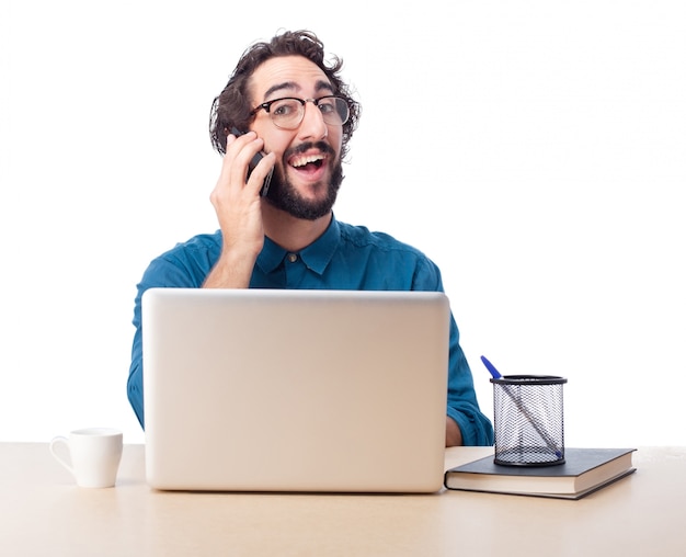 Free PSD cheerful employee talking on the phone