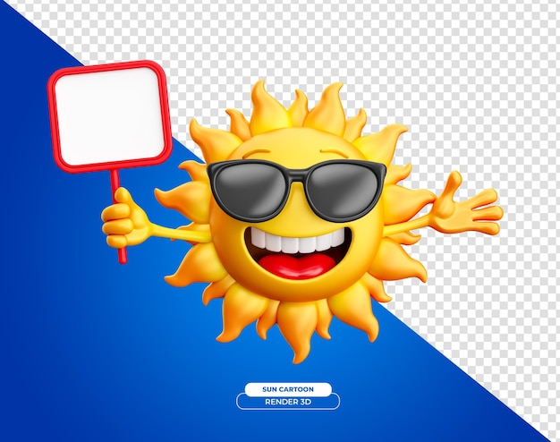 Free PSD cheerful sun with sunglasses holding sign in 3d render cartoon with transparent background