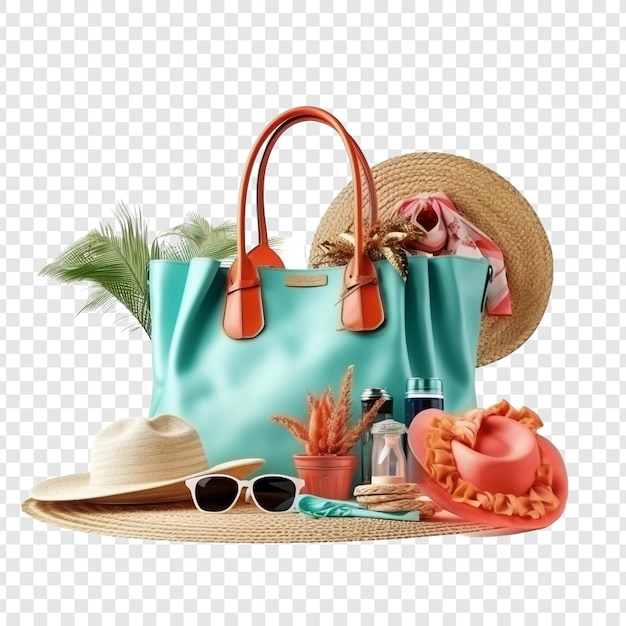 Free PSD chic beach bag with accessories isolated on transparent background