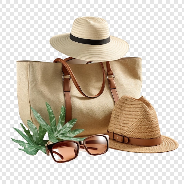 Free PSD chic beach bag with accessories isolated on transparent background