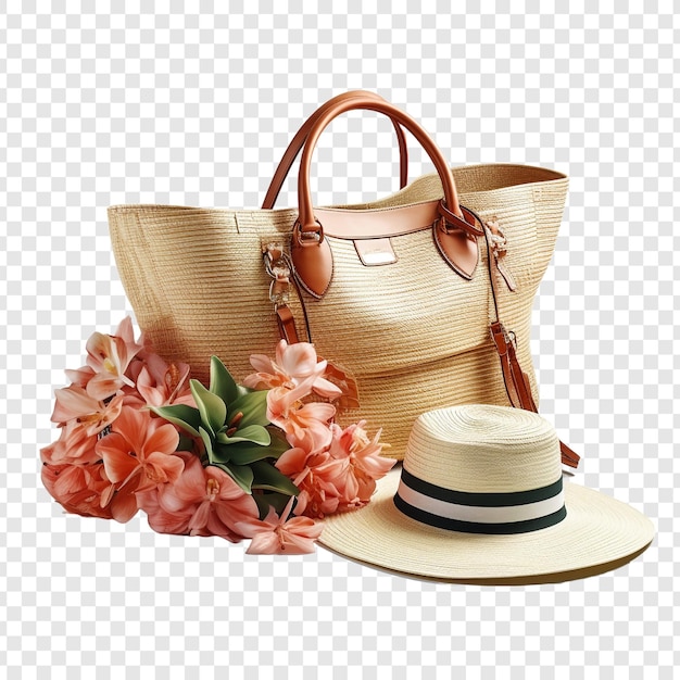 Free PSD chic beach bag with accessories isolated on transparent background