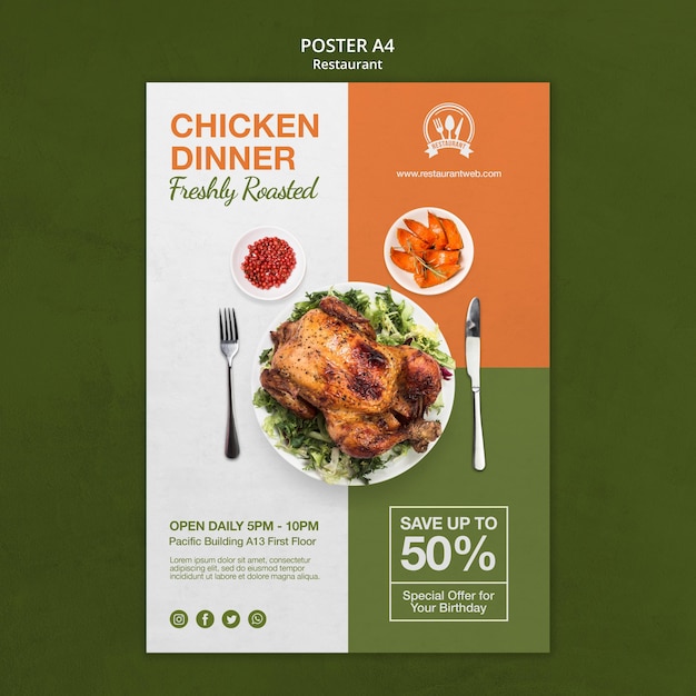 PSD gratuito modello di stampa di poster di pollo cena ristorante
